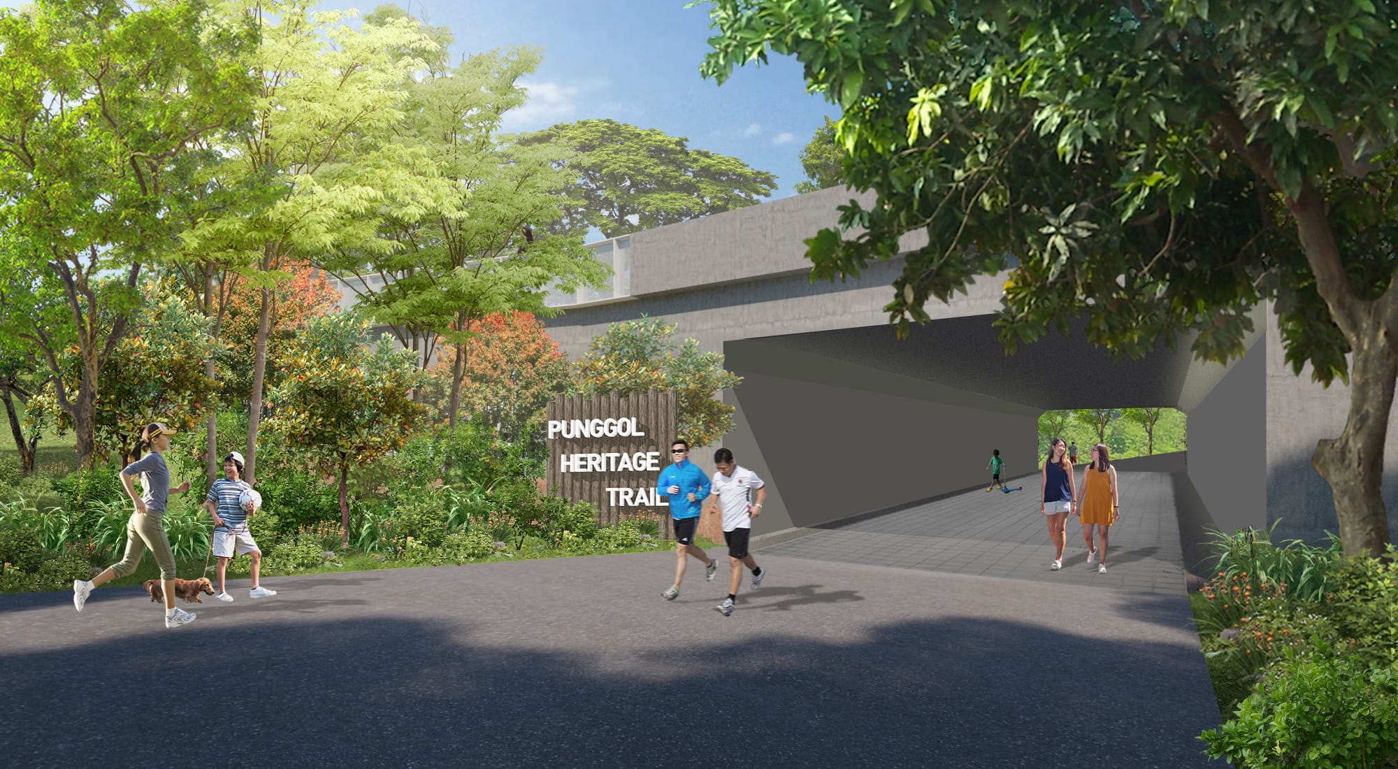 People on a paved path at Punggol Heritage Trail entrance, which is a concrete tunnel with trees and greenery around.
